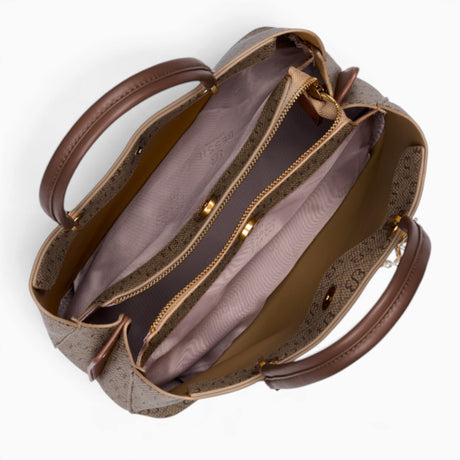 Tan monogram grab bag opened to show the middle compartment with zip and magnetic dots