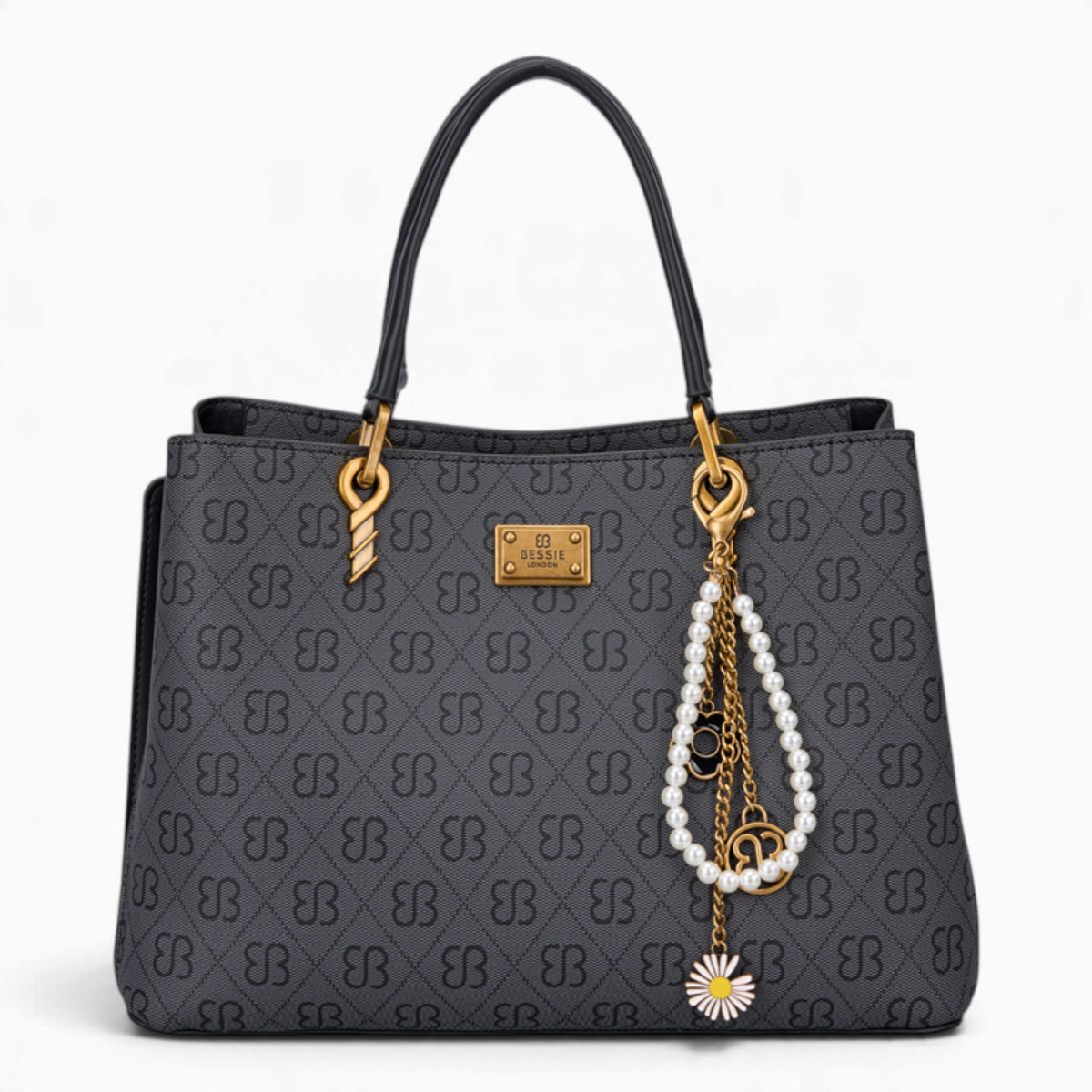Black monogram grab bag with a bag charm and double handles
