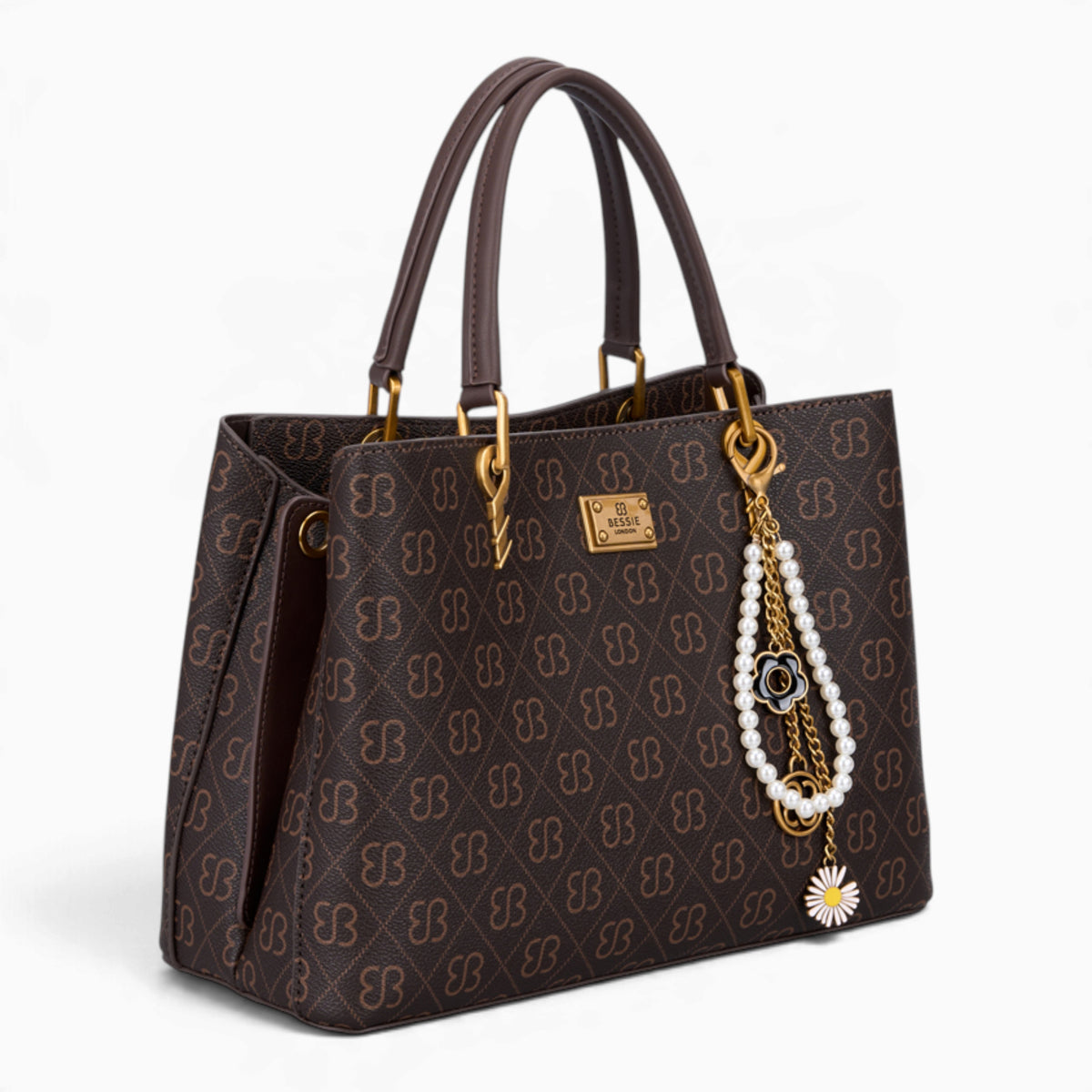 Coffee monogram grab bag, angled view showing the monogram print and charm