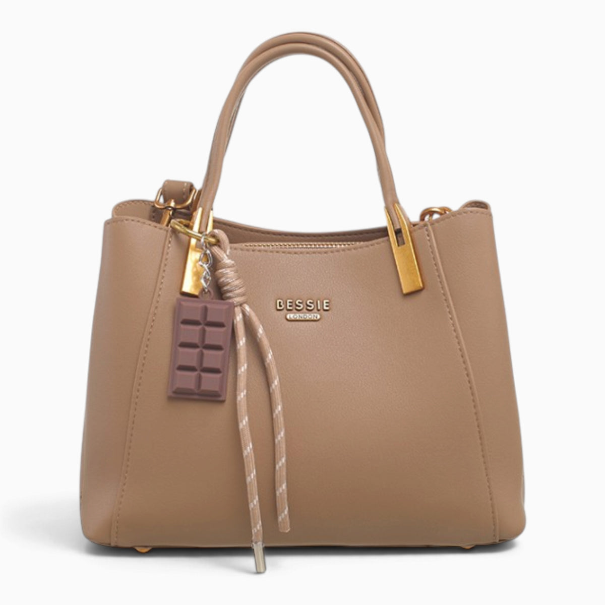 Taupe faux leather tote bag with a chocolate bar charm
