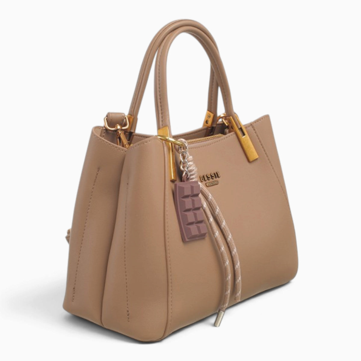 Taupe faux leather tote bag, angled view showing the structured shape and charm
