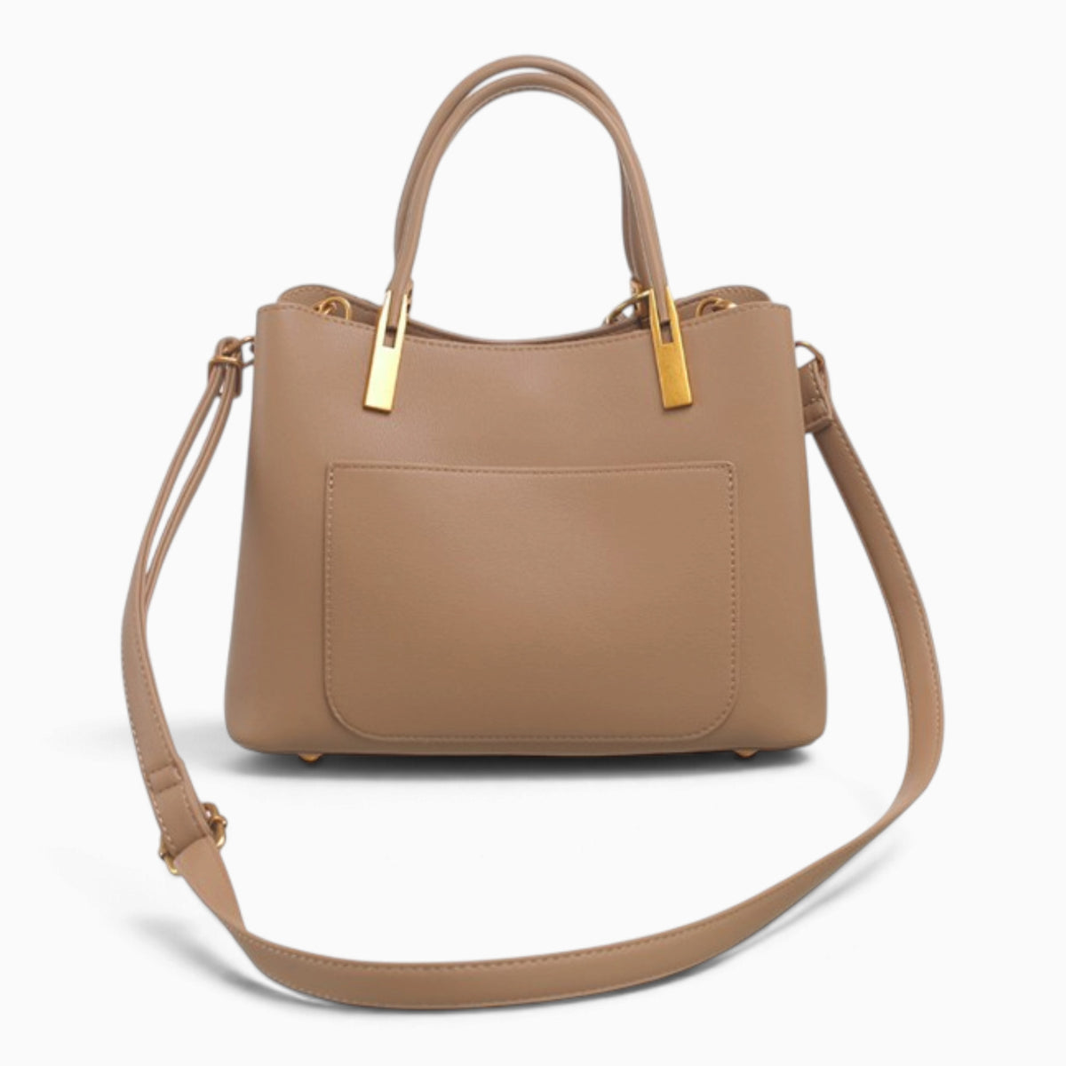 Taupe faux leather tote bag with its detachable shoulder strap attached