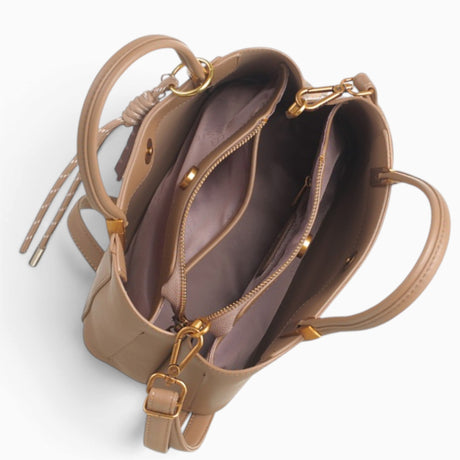 Taupe faux leather tote bag opened to show the middle compartment with zip and magnetic dots