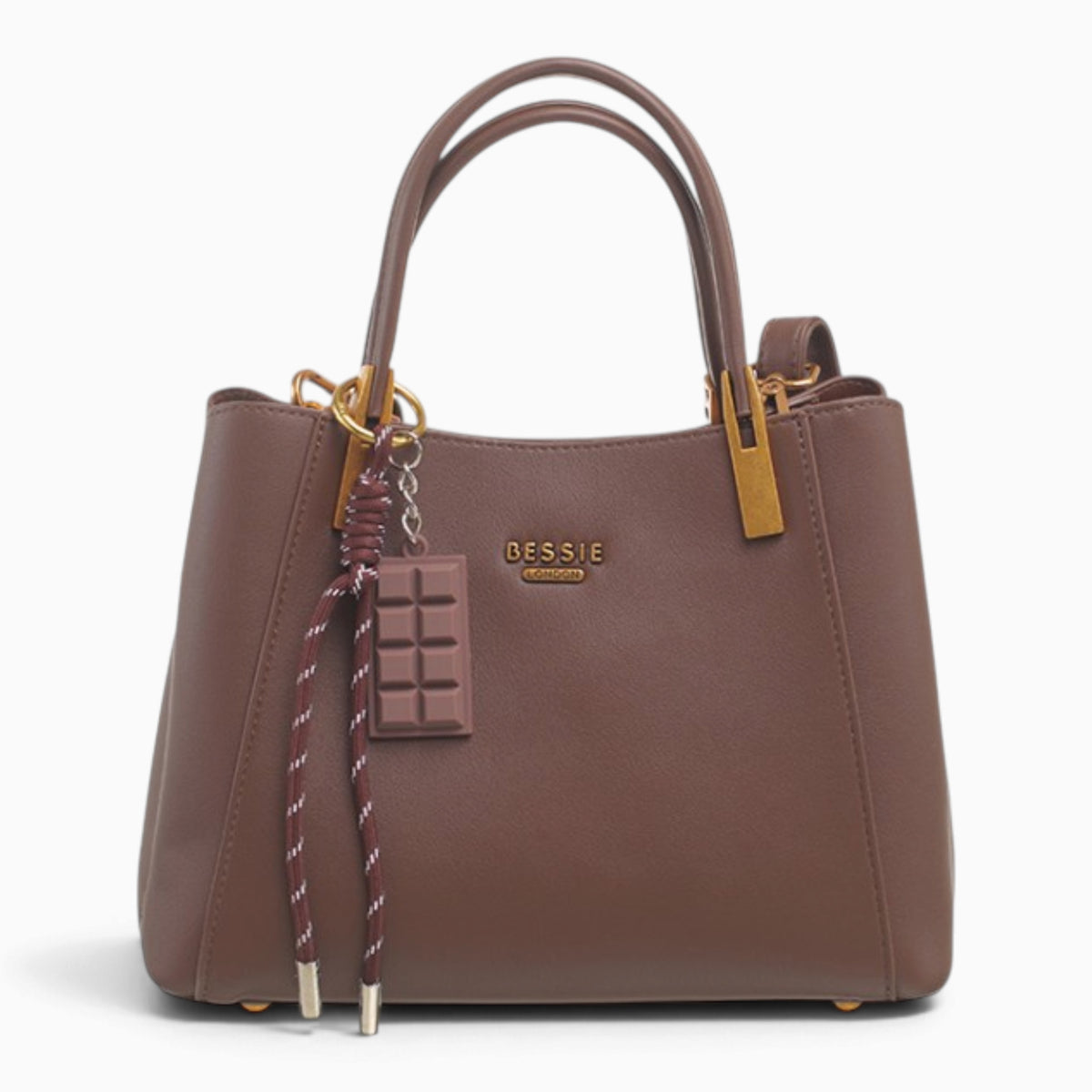 Coffee faux leather tote bag with a chocolate bar charm