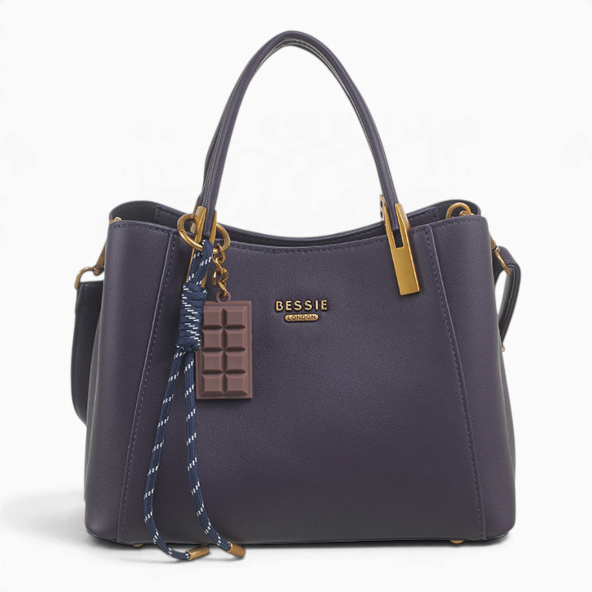 Purple faux leather tote bag with a chocolate bar charm