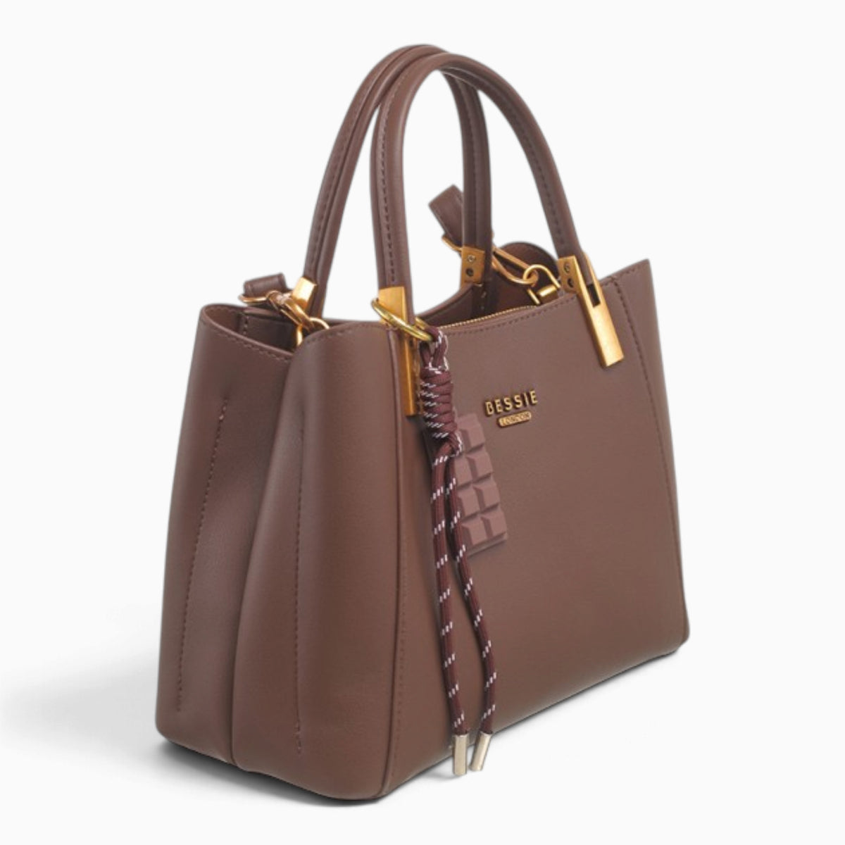 Coffee faux leather tote bag, angled view showing the structured shape and charm