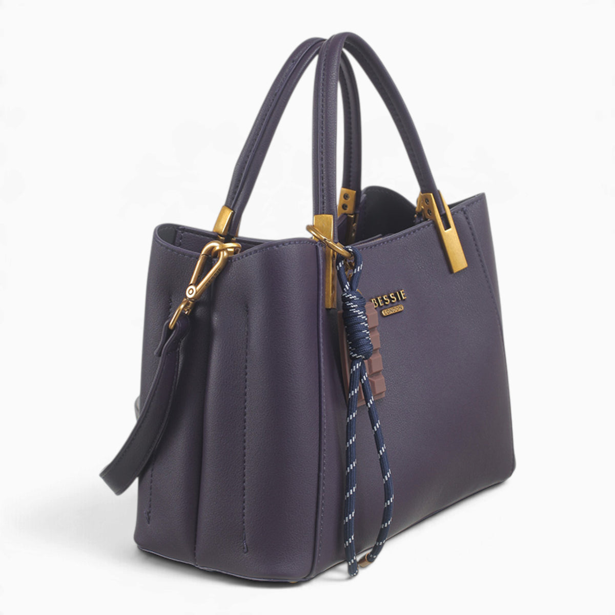 Purple faux leather tote bag, angled view showing the structured shape and charm