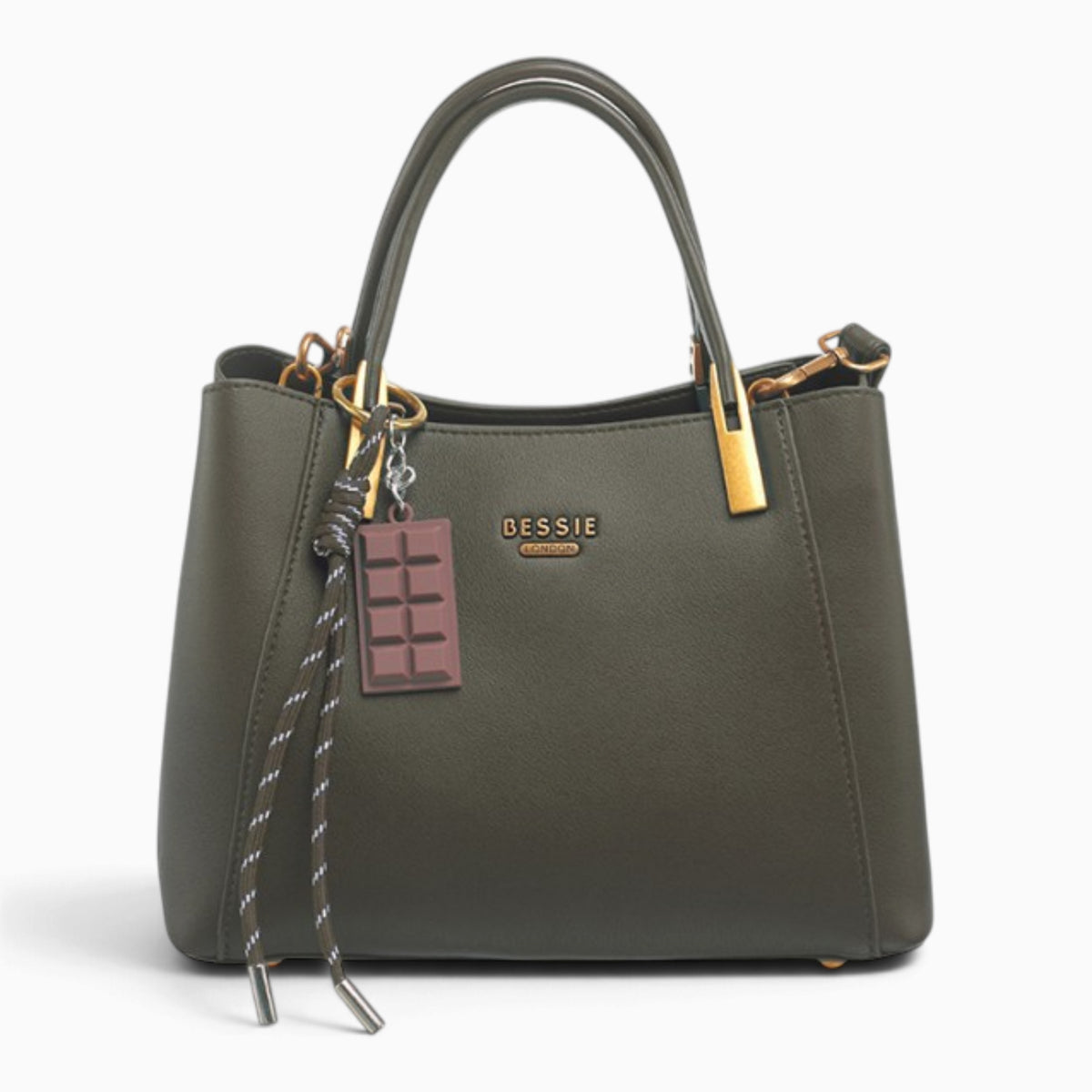 Dark green faux leather tote bag with a chocolate bar charm