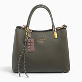 Dark green faux leather tote bag with a chocolate bar charm