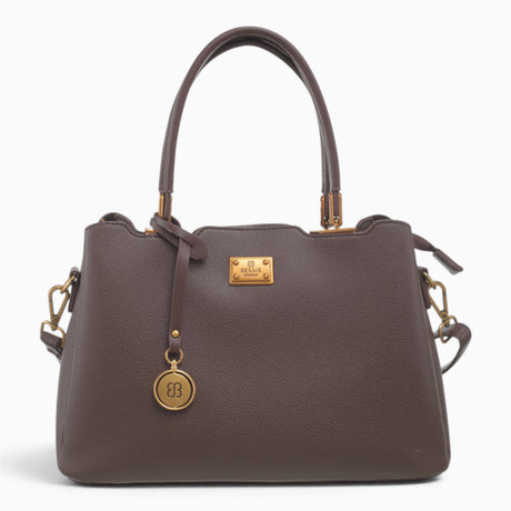 Coffee structured tote bag with a circular brand charm and gold-tone hardware