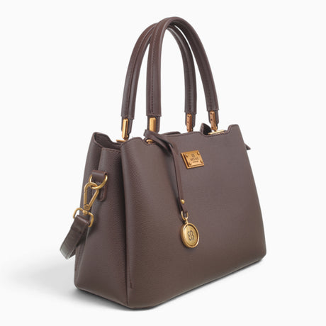 Coffee structured tote bag, angled view showing the structured shape and charm