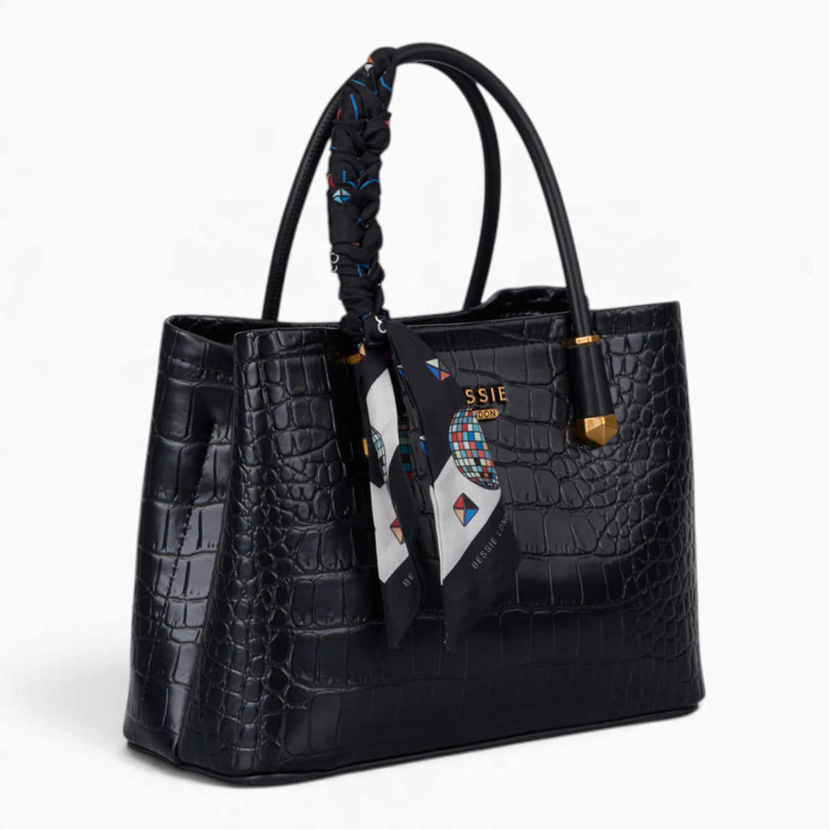 Black croc-effect tote bag, angled view showing the glossy croc-effect texture
