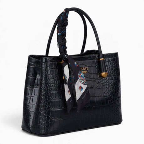 Black croc-effect tote bag, angled view showing the glossy croc-effect texture