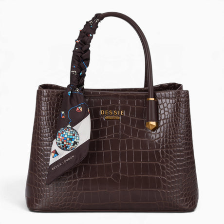 Coffee croc-effect tote bag with a matching scarf