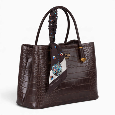 Coffee croc-effect tote bag, angled view showing the glossy croc-effect texture