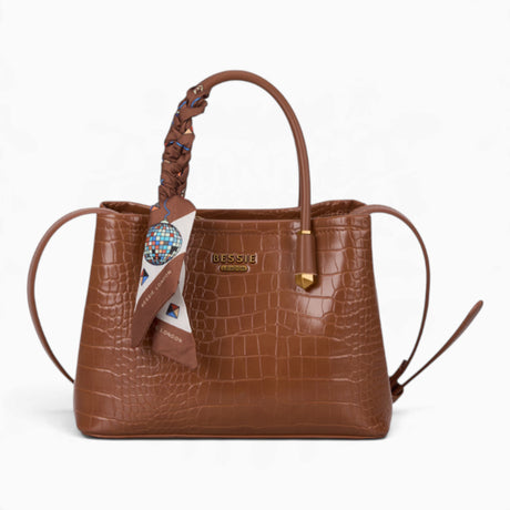 Tan croc-effect tote bag with a matching scarf