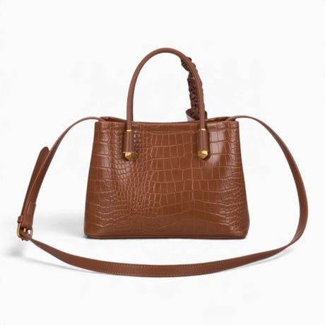 Tan croc-effect tote bag with its detachable shoulder strap attached