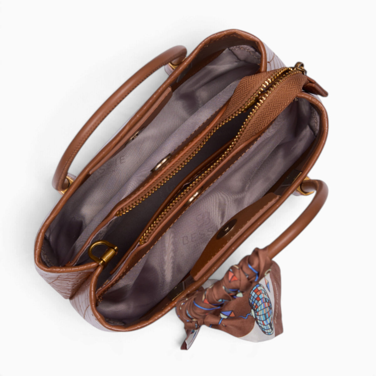 Tan croc-effect tote bag opened to show the middle compartment with zip and magnetic dots