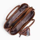 Tan croc-effect tote bag opened to show the middle compartment with zip and magnetic dots