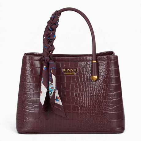 Wine croc-effect tote bag with a matching scarf