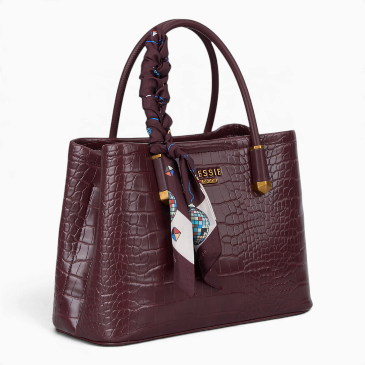Wine croc-effect tote bag, angled view showing the glossy croc-effect texture