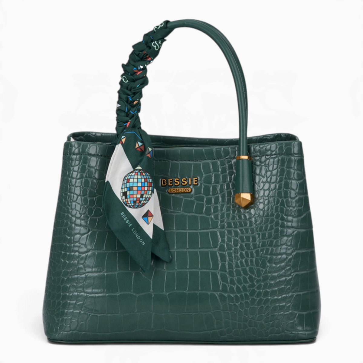 Green croc-effect tote bag with a matching scarf