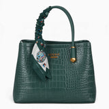 Green croc-effect tote bag with a matching scarf