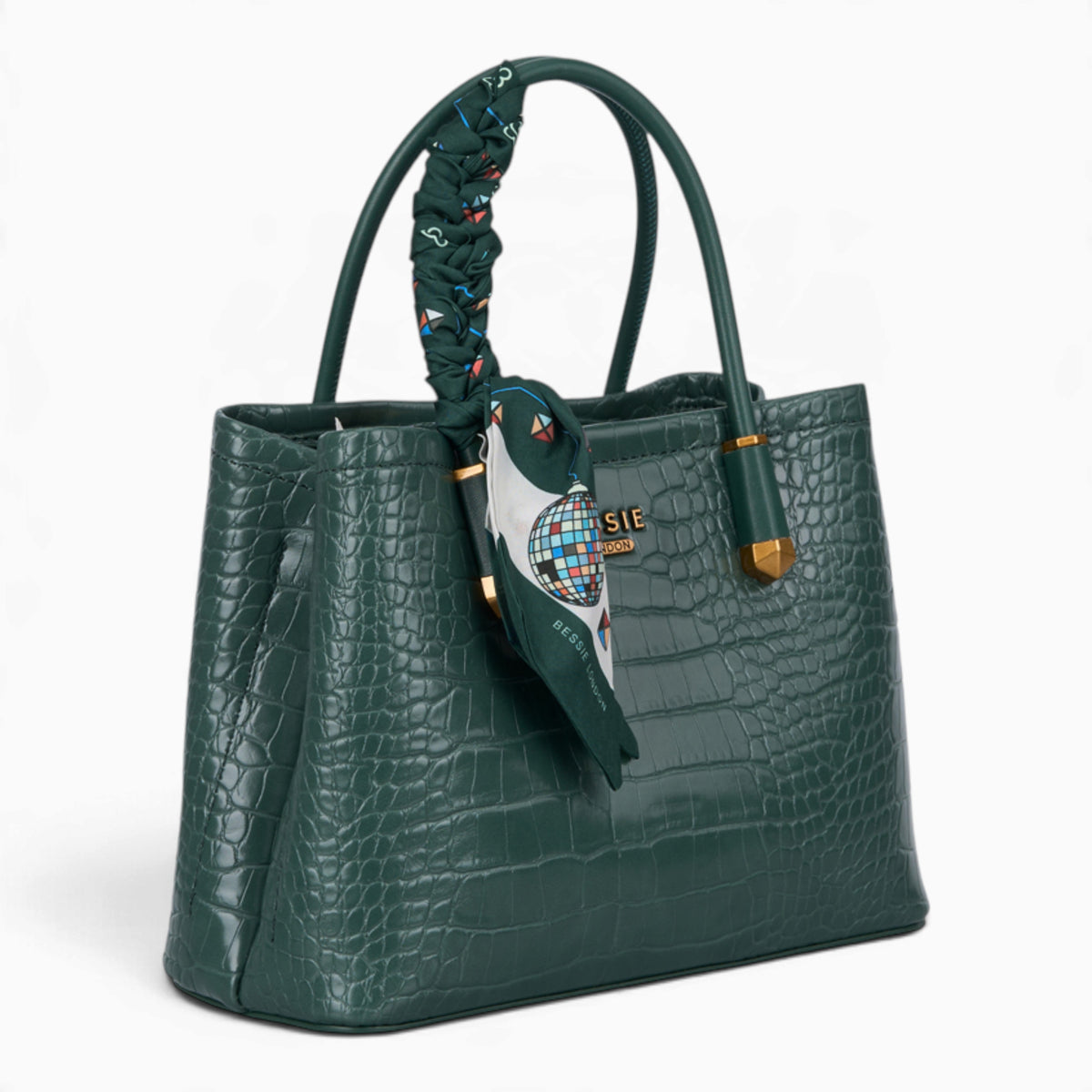Green croc-effect tote bag, angled view showing the glossy croc-effect texture