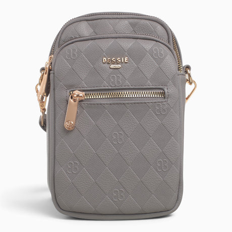 Grey guitar strap phone bag with a zipped front pocket and gold-tone hardware