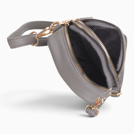 Grey guitar strap phone bag opened to show the main compartment