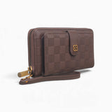Coffee checkerboard flap wallet, angled view showing the flap front and wrist strap
