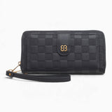Black checkerboard flap wallet with an embossed checkerboard and wrist strap