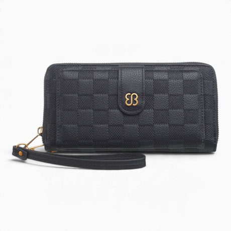 Black checkerboard flap wallet with an embossed checkerboard and wrist strap