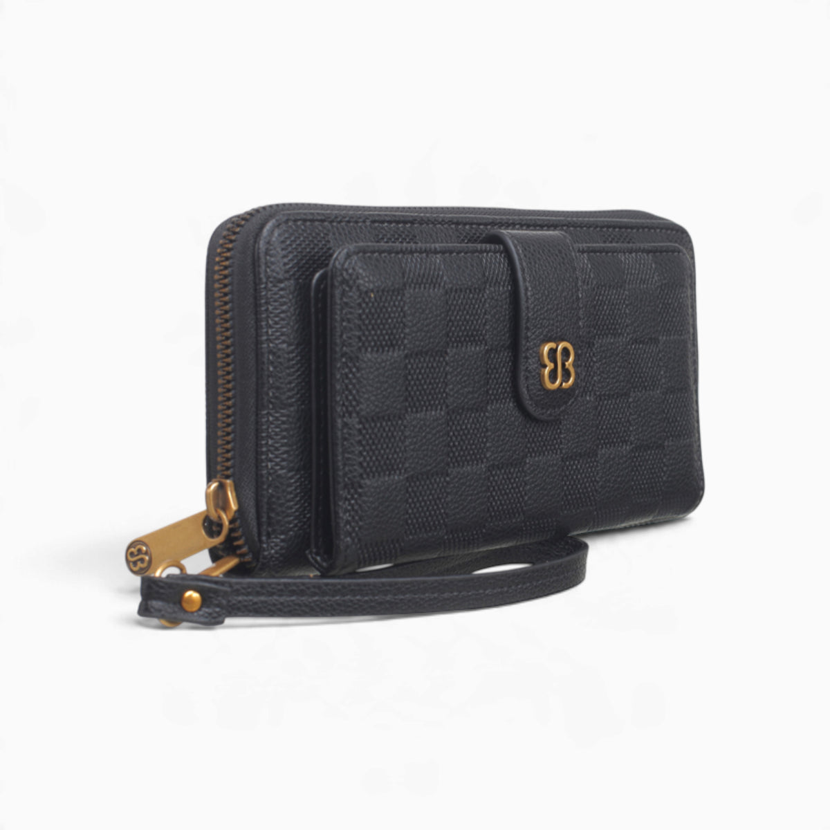 Black checkerboard flap wallet, angled view showing the flap front and wrist strap