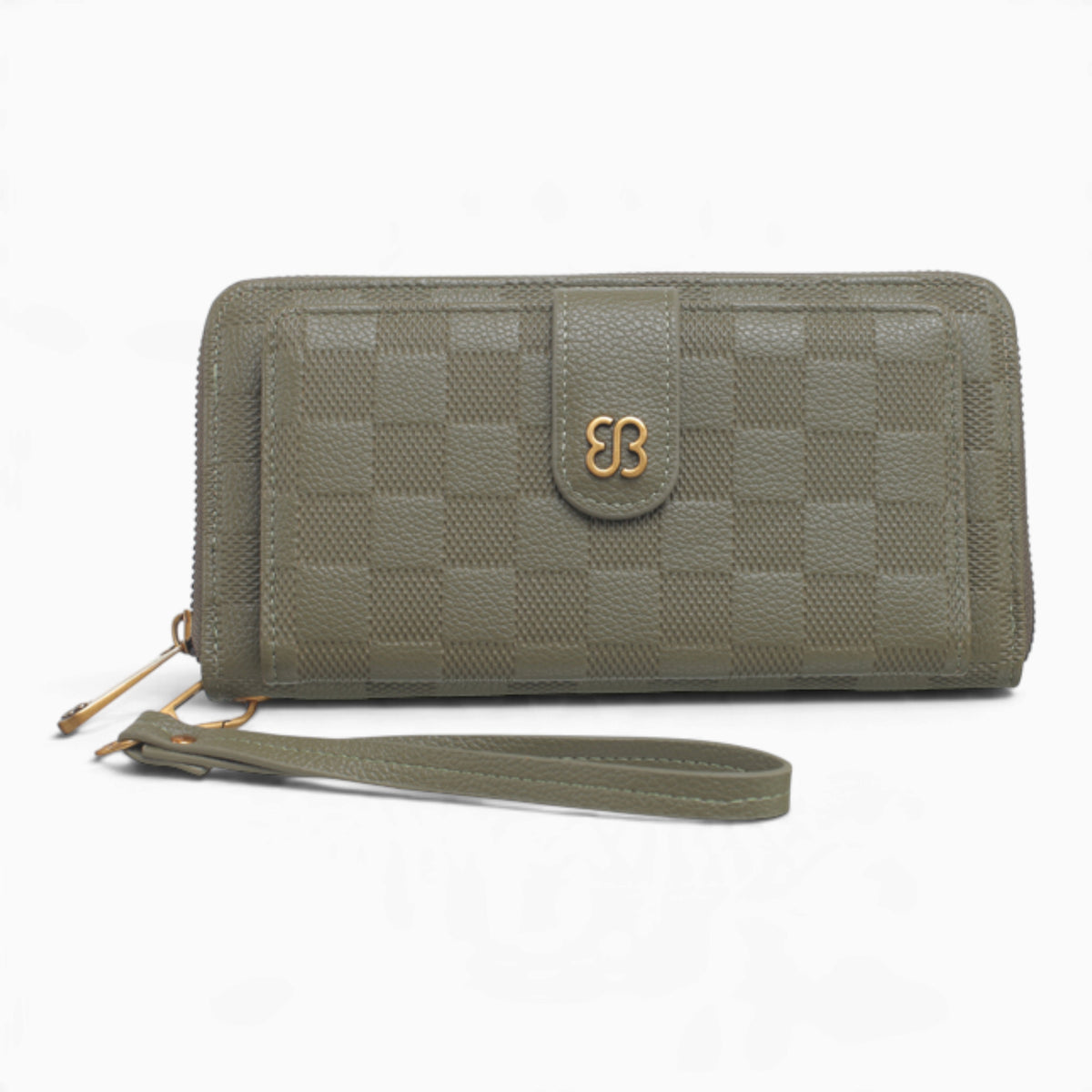 Green checkerboard flap wallet with an embossed checkerboard and wrist strap