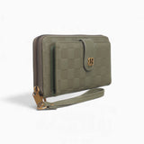 Green checkerboard flap wallet, angled view showing the flap front and wrist strap