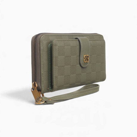 Green checkerboard flap wallet, angled view showing the flap front and wrist strap