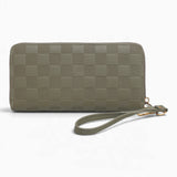 Green checkerboard flap wallet from the back, showing the zipped back