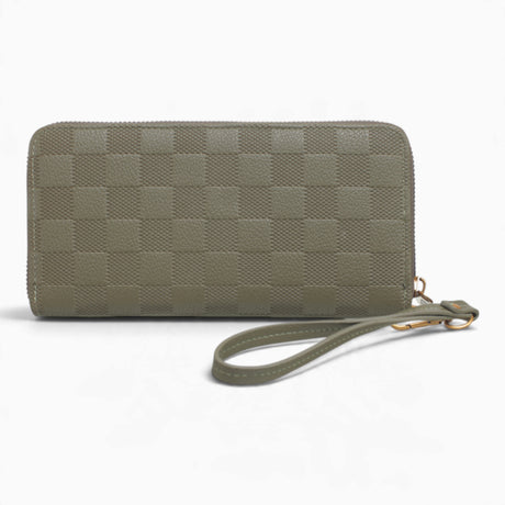 Green checkerboard flap wallet from the back, showing the zipped back