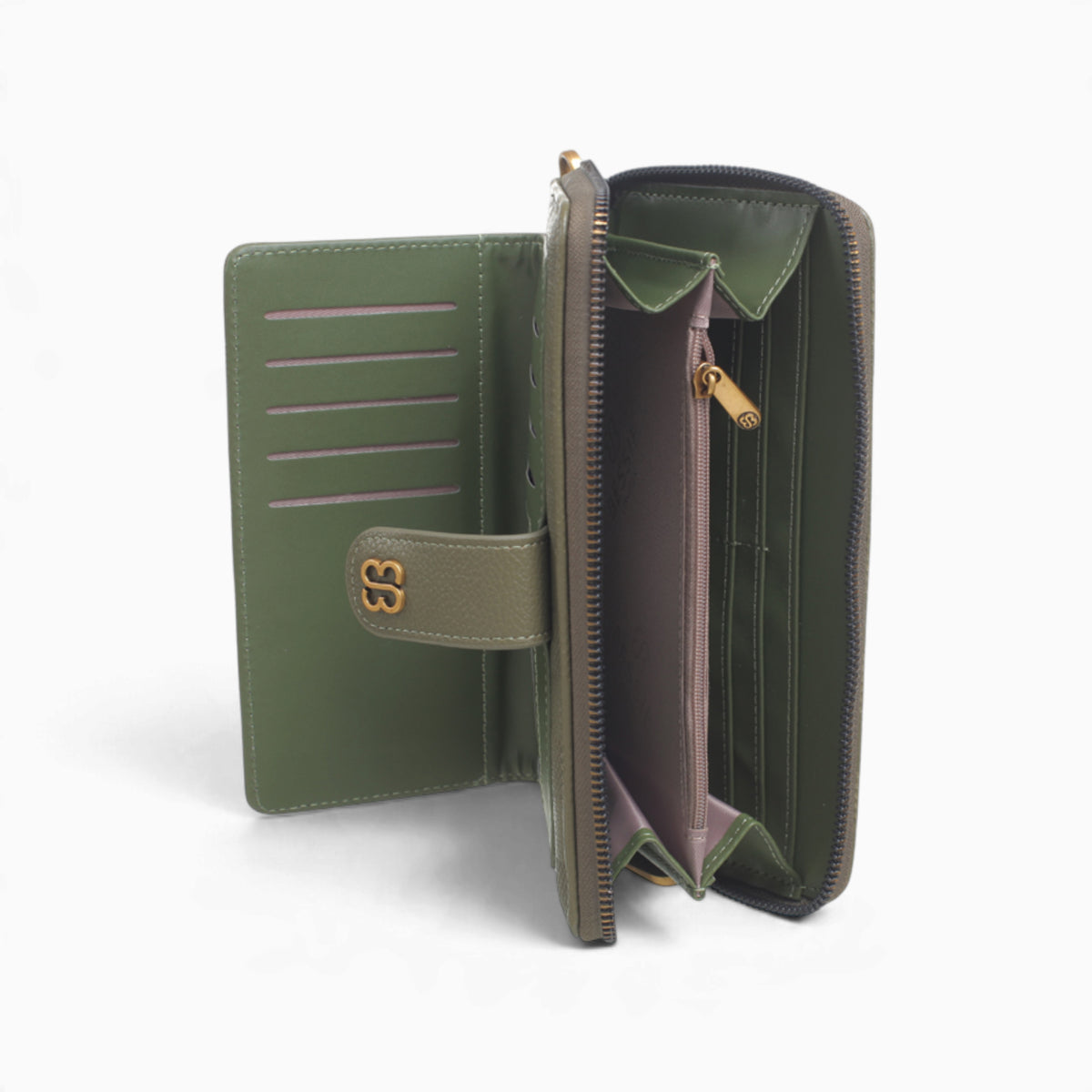 Green checkerboard flap wallet opened to show the card slots and zip compartment