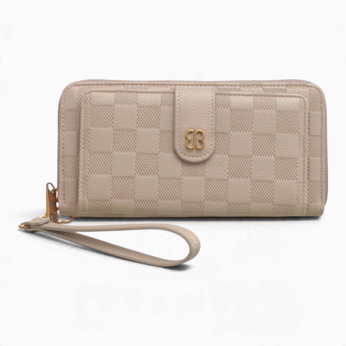 Khaki checkerboard flap wallet with an embossed checkerboard and wrist strap