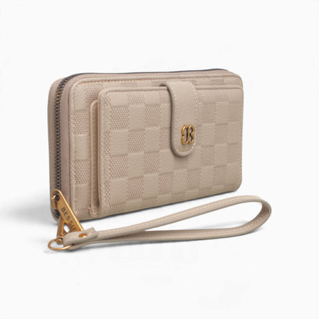 Khaki checkerboard flap wallet, angled view showing the flap front and wrist strap