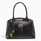Black large tote bag with a buckle detail and gold-tone hardware