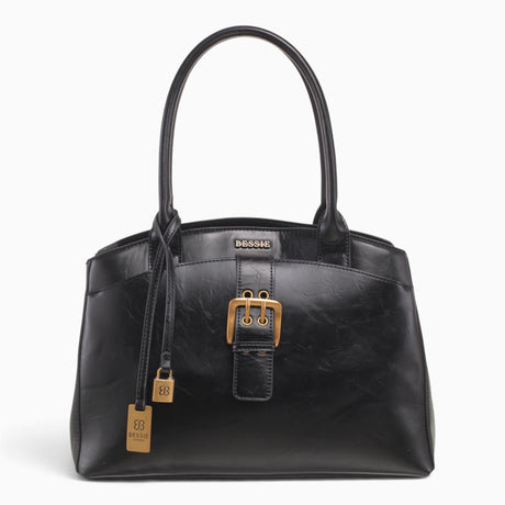 Black large tote bag with a buckle detail and gold-tone hardware
