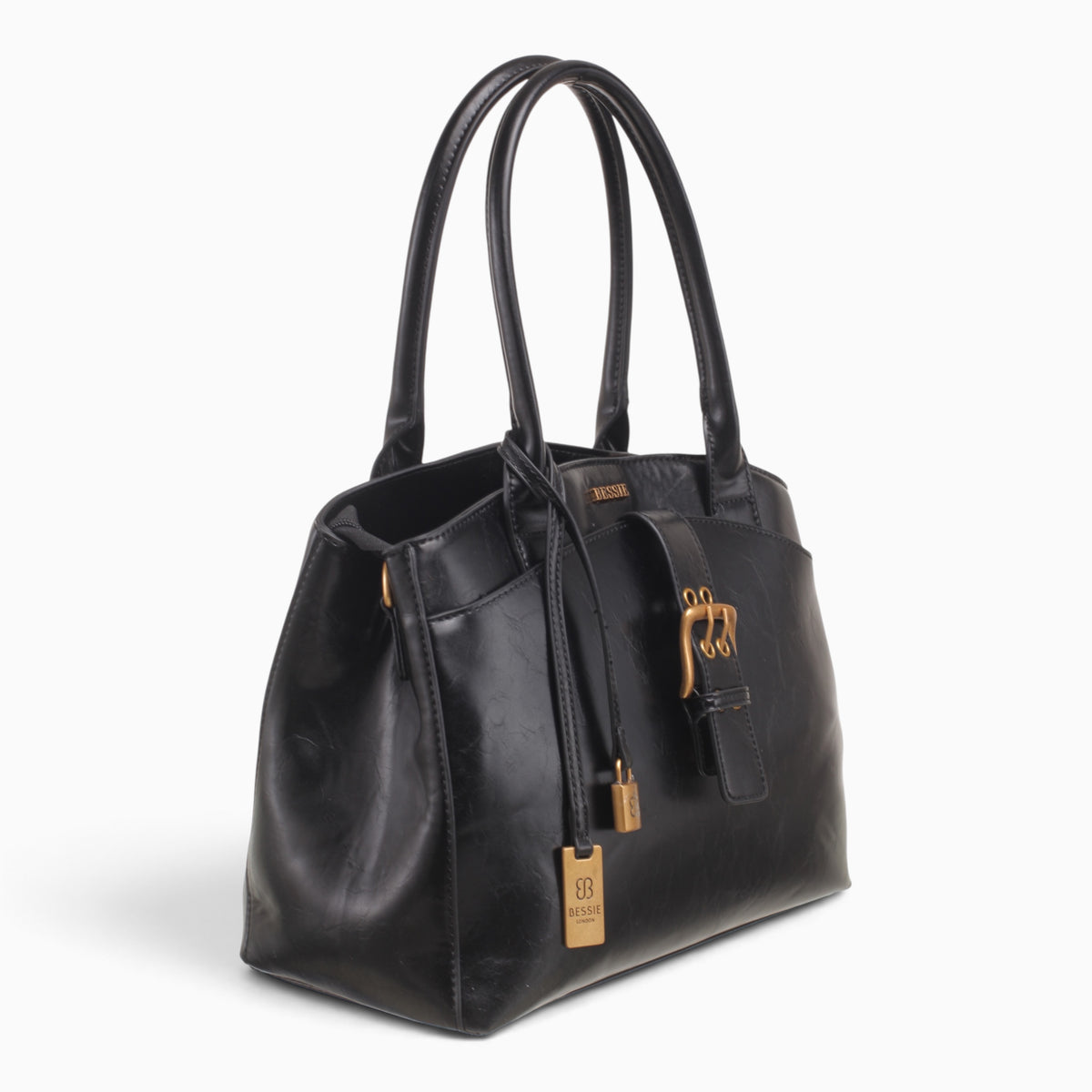 Black large tote bag, angled view showing the buckle detail and top handles