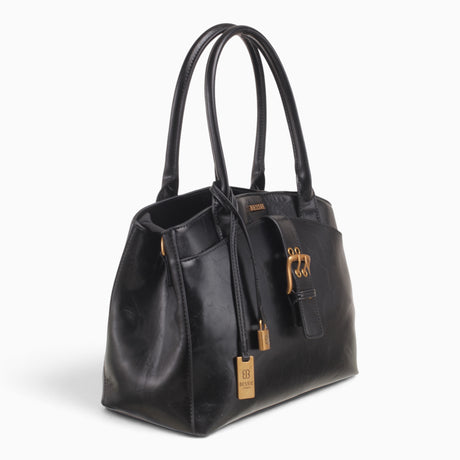Black large tote bag, angled view showing the buckle detail and top handles