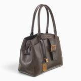 Green large tote bag, angled view showing the buckle detail and top handles