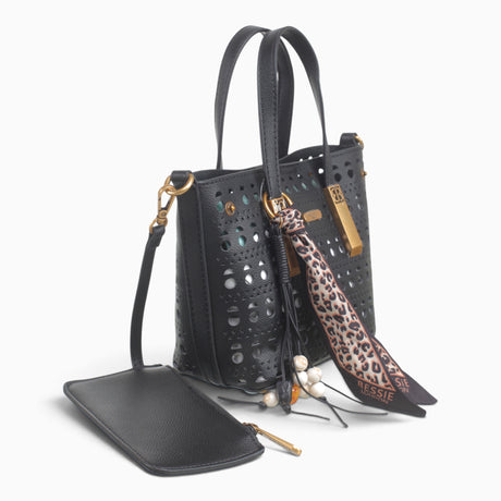 Black perforated mini shopper, angled view showing the perforated pattern and scarf