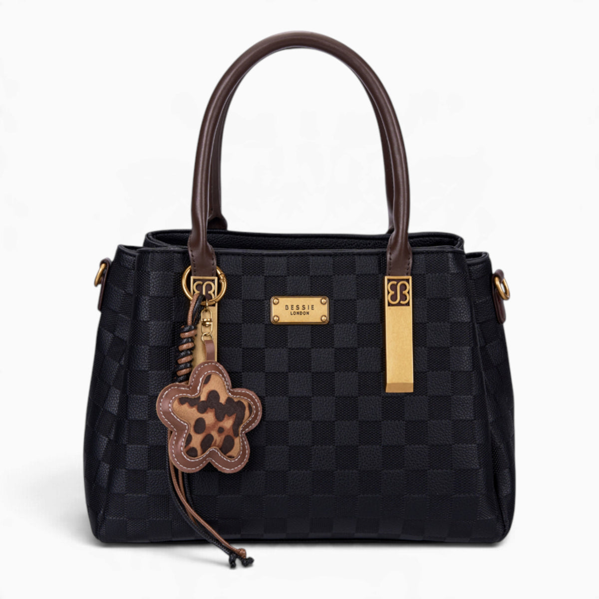 Black checkerboard tote bag with a charm and gold-tone hardware