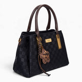Black checkerboard tote bag, angled view showing the checkerboard pattern and charm